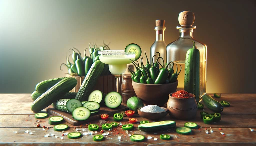 Fresh cucumbers, jalapeños, and tequila arranged for a perfect Cucumber Jalapeño Margarita