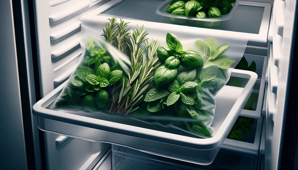 fresh mint basil and rosemary stored in a crisper