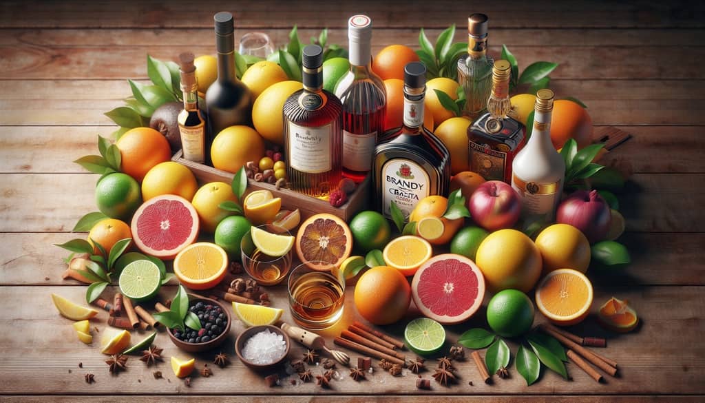 Fresh ingredients laid out for making a Brandy Crusta, including brandy, citrus, and liqueurs