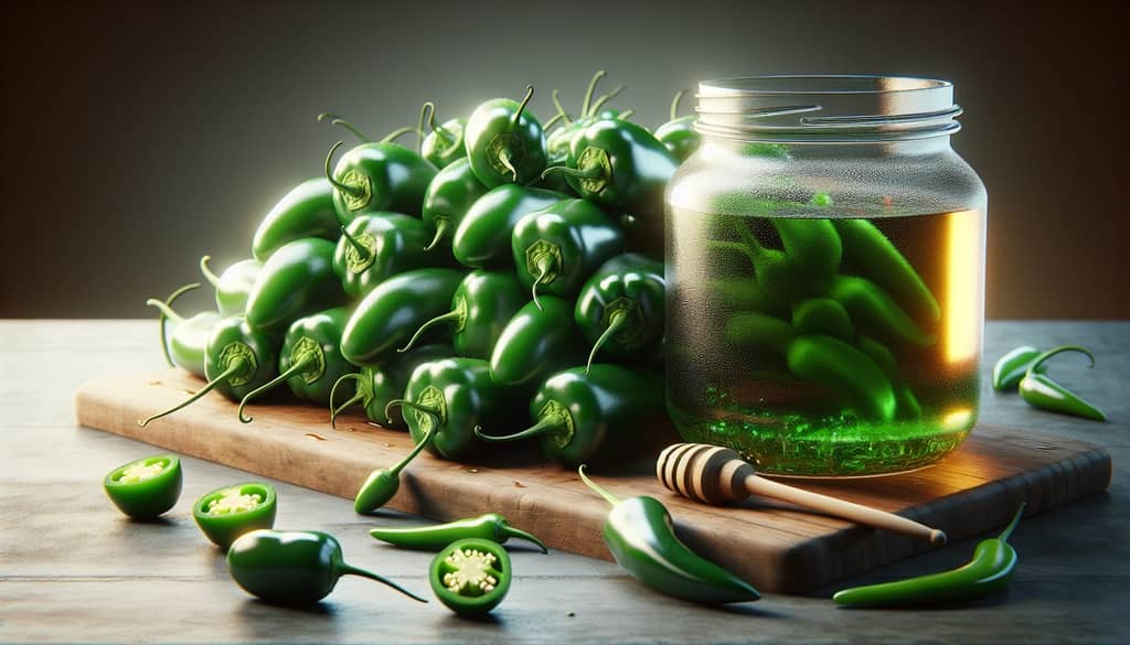 Fresh jalapeños and a jar of simple syrup on a wooden board ready to be combined