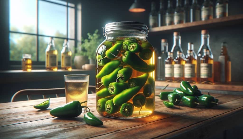 Fresh jalapeños soaking in a glass container of tequila, illustrating the infusion process that adds a spicy kick to the beverage.