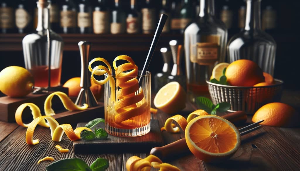 Fresh lemon and orange twists elegantly prepared for garnishing an Old Pal Cocktail