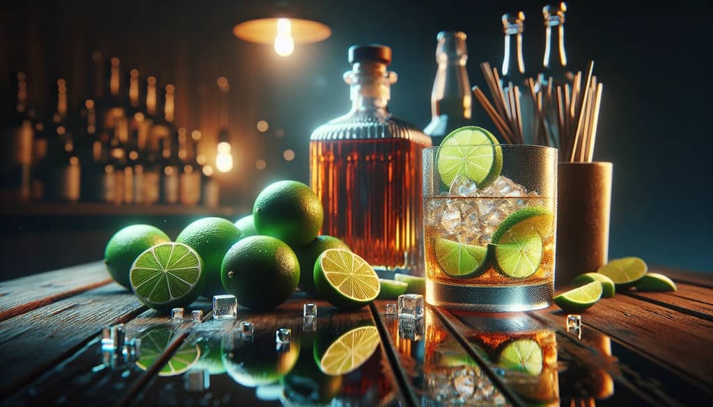 Fresh lime wedges and a glass of lime juice next to a bottle of whiskey