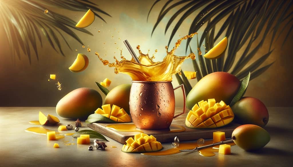 Fresh mangoes and a splash of mango juice, illustrating the tropical ingredients that elevate the classic Moscow Mule.