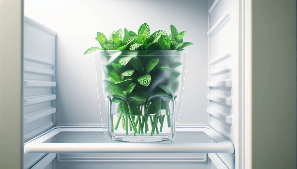 frische Minzstängel in einem mit einer Tüte bedeckten Glas Wasser