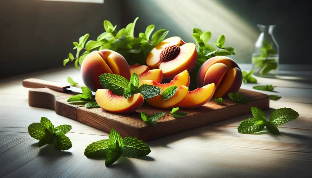fresh mint and ripe peaches prepared for bourbon peach smash