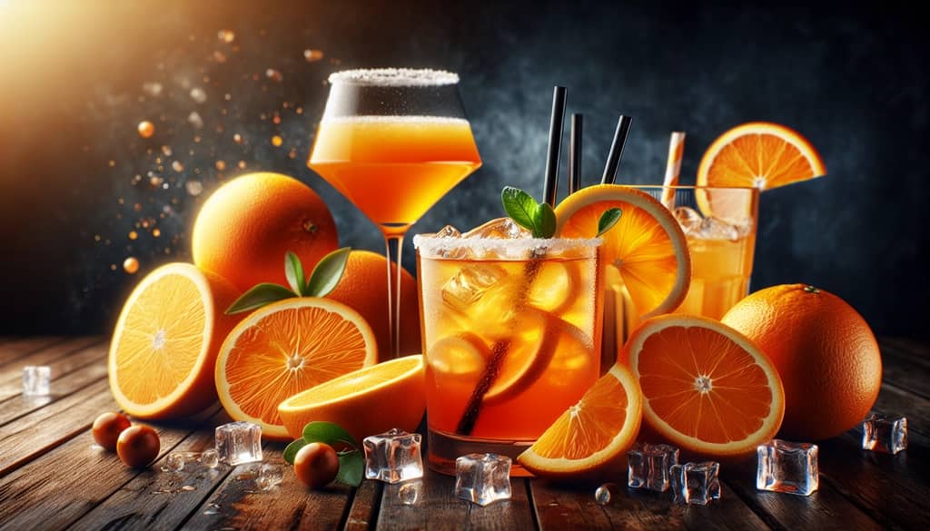 Fresh oranges and a cocktail, showcasing the vibrant and zesty addition that enhances drinks.