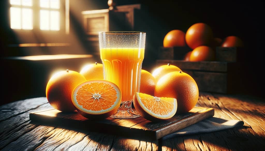 Fresh oranges and a glass of juice symbolizing healthy skin and reduced inflammation