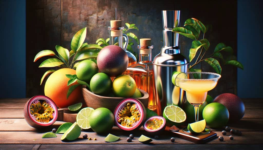 Fresh passion fruit, lime, tequila, and a cocktail shaker ready for creating a margarita