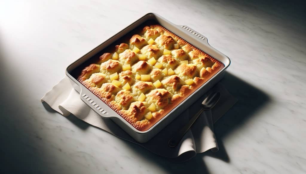 fresh pineapple cobbler in a baking dish with golden topping