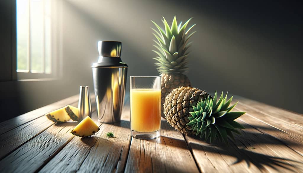 fresh pineapple with glass of juice beside shaker