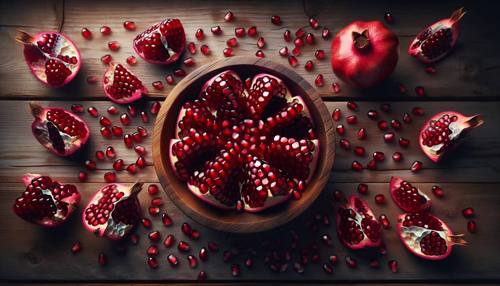 Fresh pomegranate seeds, a natural source of powerful antioxidants, scattered on a wooden table.