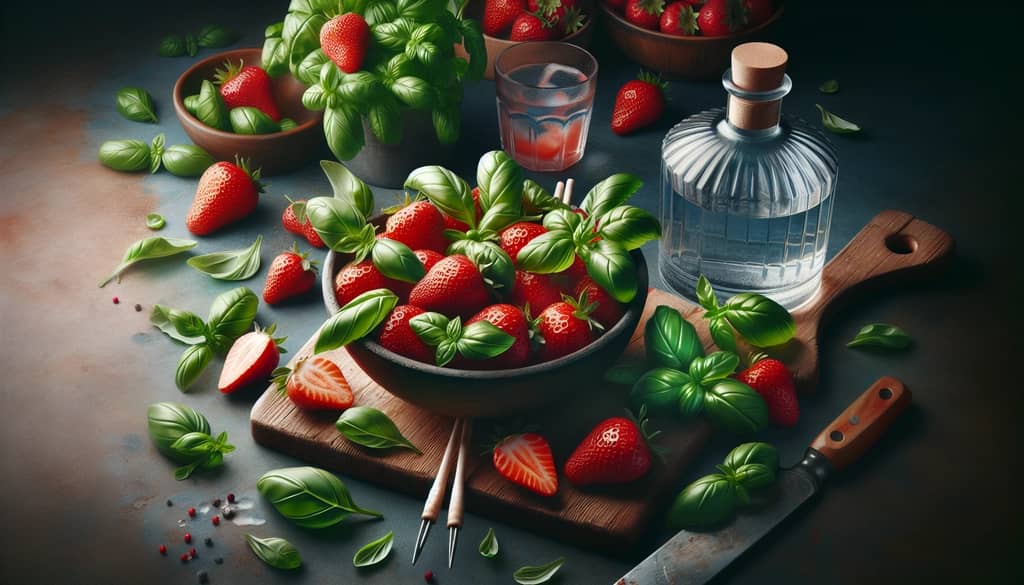Fresh strawberries and basil leaves ready to be muddled for a Strawberry Basil Gin Smash