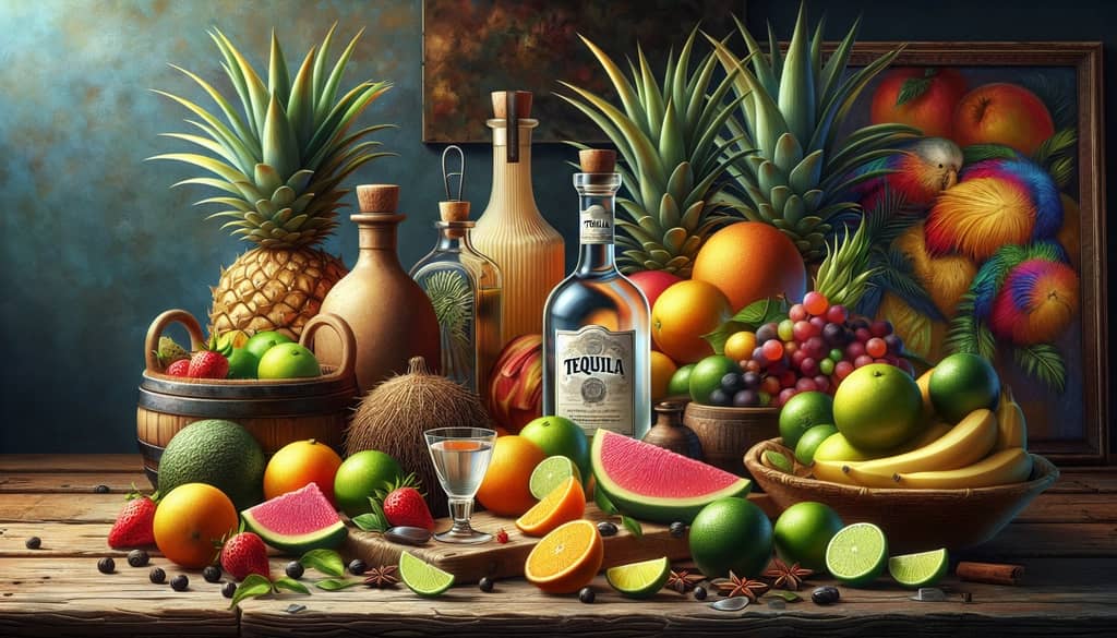 Fresh tequila bottles alongside colorful tropical fruits ready to be used in traditional Latin American cocktails.