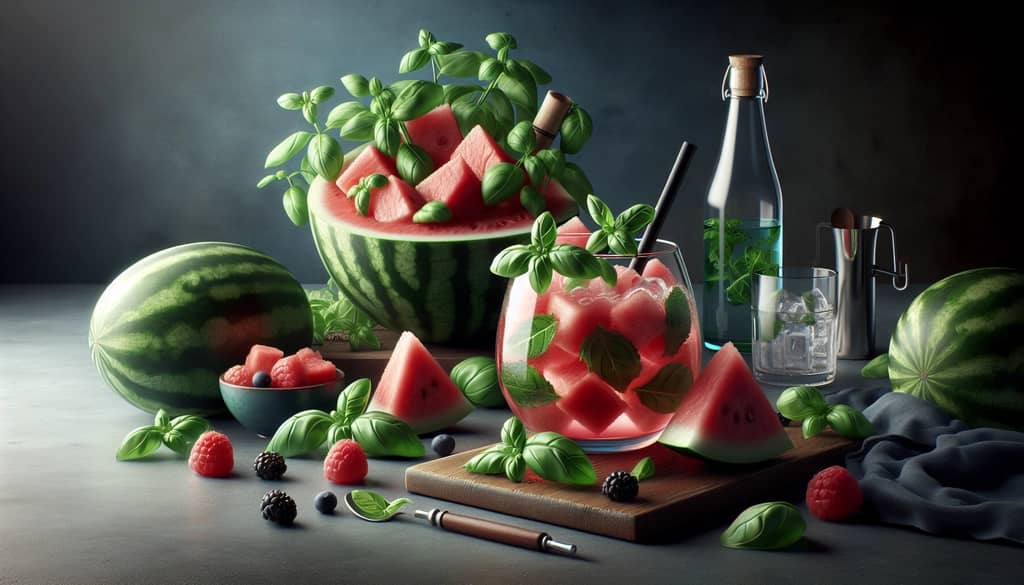 Fresh watermelon and basil ingredients used in creating a Watermelon Smash cocktail