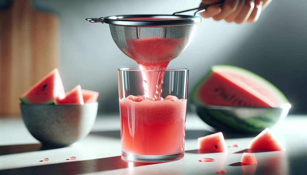 fresh watermelon juice being strained for mocktail
