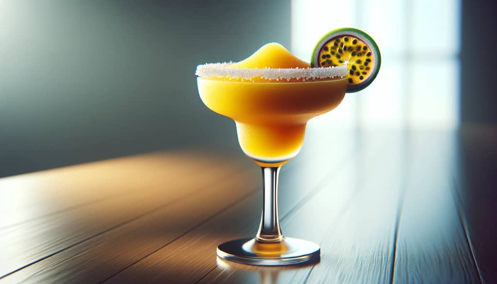 Passion fruit margarita in a classic margarita glass with salt rim
