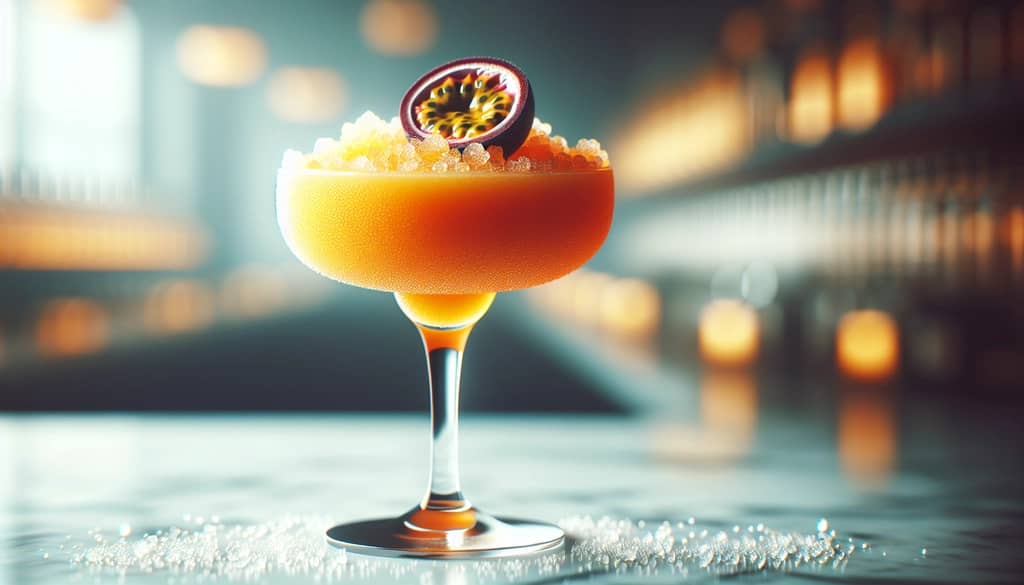 Passion fruit margarita with passion fruit garnish on marble