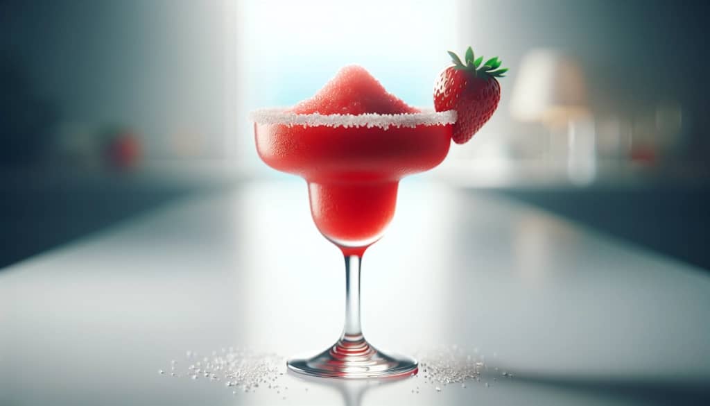 frozen strawberry margarita in stemmed glass with strawberry garnish