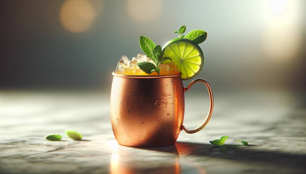 라임 휠이 있는 구리 머그잔의 과일 뮬 칵테일