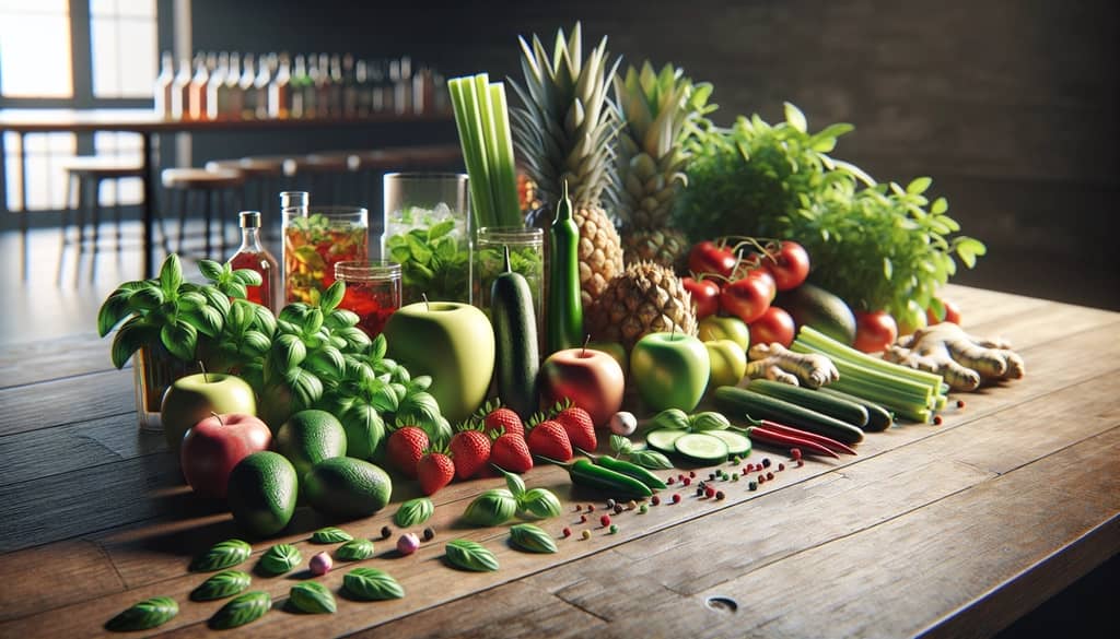 바 위의 신선한 과일 및 야채 칵테일 재료