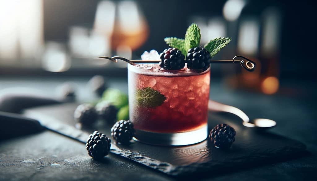 garnishing bourbon smash with mint and blackberries