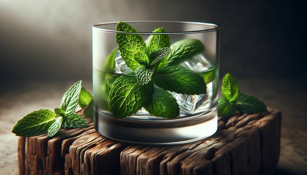mint leaves after gentle muddling, visible veins, not shredded