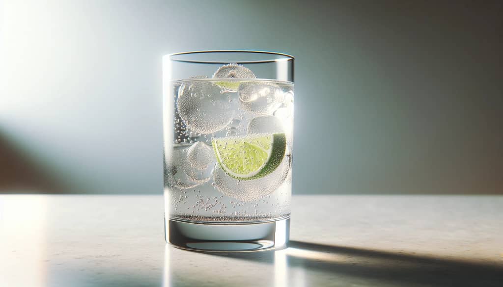 gin and tonic in a highball glass with lime wedge