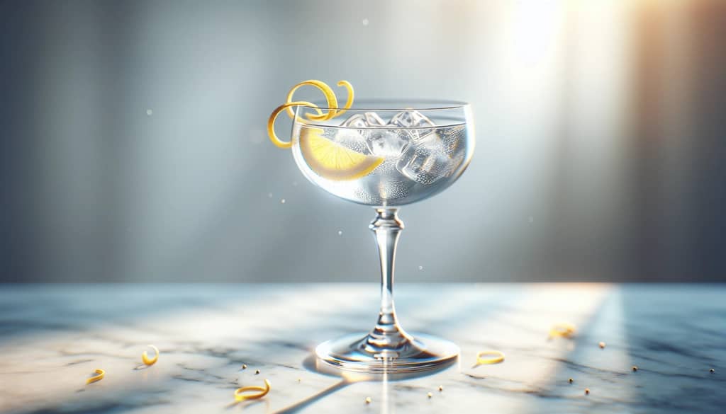 gin cocktail in a coupe glass with lemon twist garnish