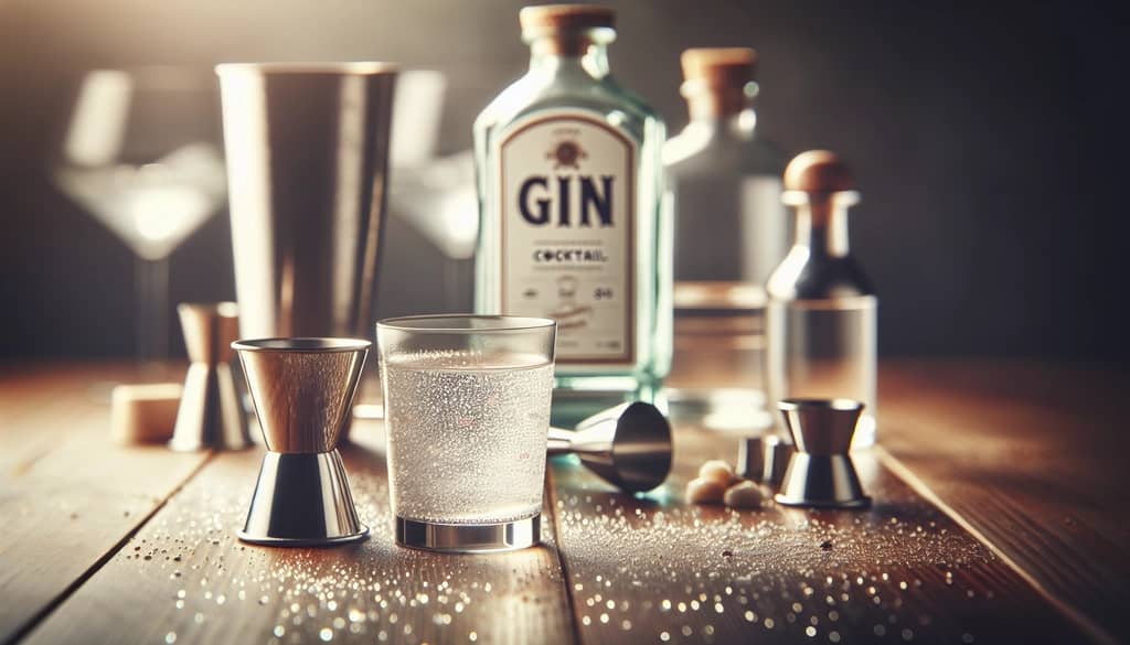 gin cocktail ingredients and metal jigger