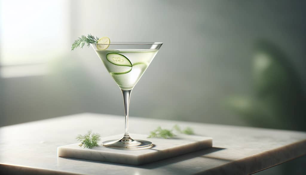 gin cucumber martini with lemon slice and fresh herbs