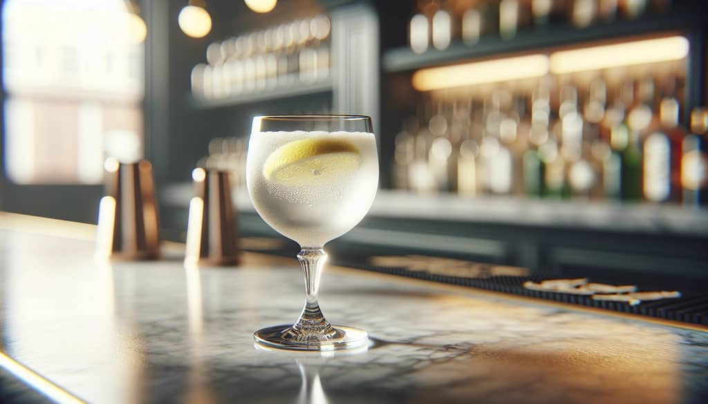 Gin fizz in a small fizz glass with a lemon twist