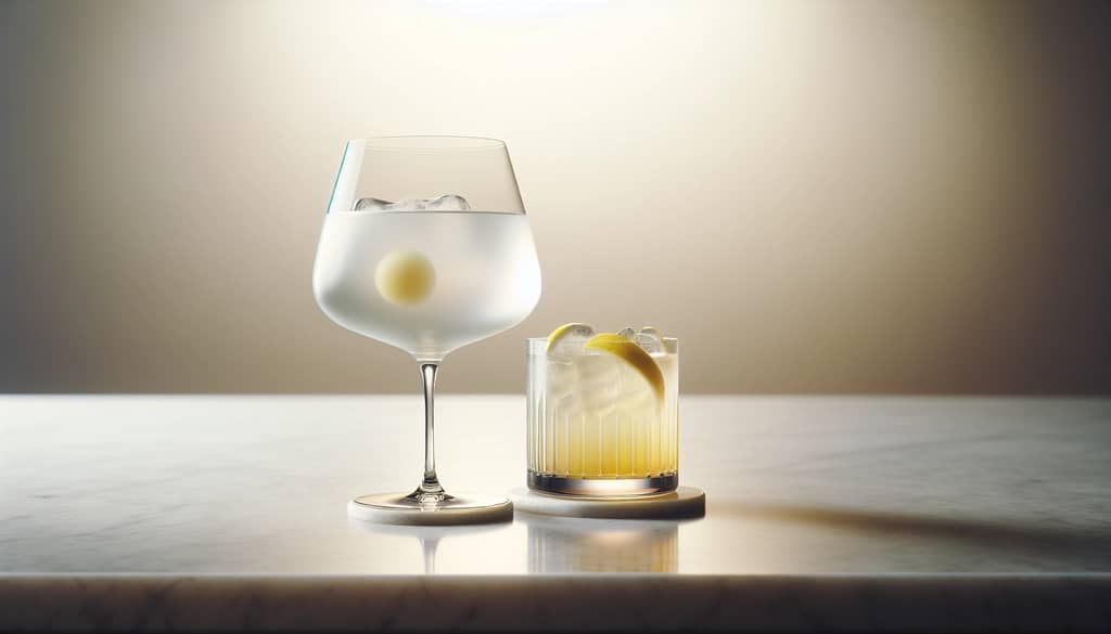 하이볼 및 피즈 글라스에 나란히 놓인 두 개의 진 칵테일