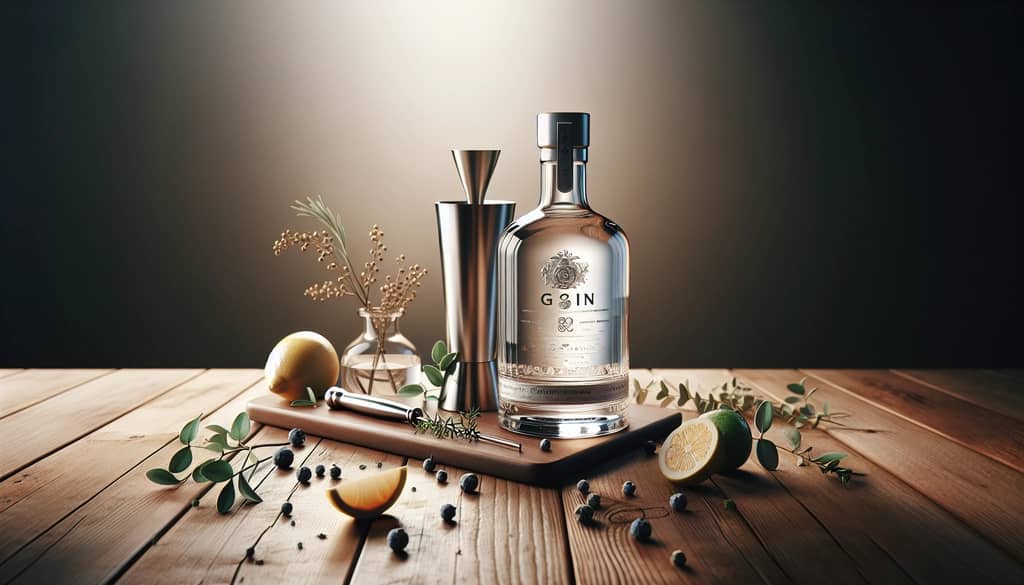 bottle of gin and jigger with fresh botanicals