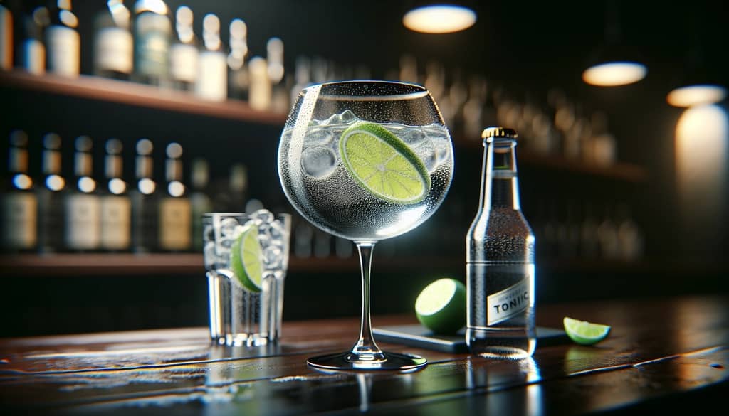 gin and tonic with tonic water bottle on bar top