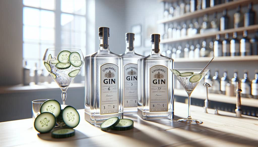 three types of gin and cucumber on a bar with a martini glass