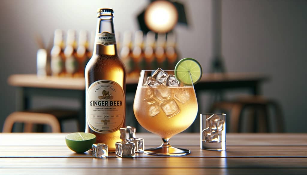 bottle of ginger beer beside a glass with lime wedge