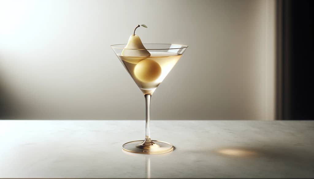 진저 배 마티니를 마티니 잔에 배 가니시와 함께