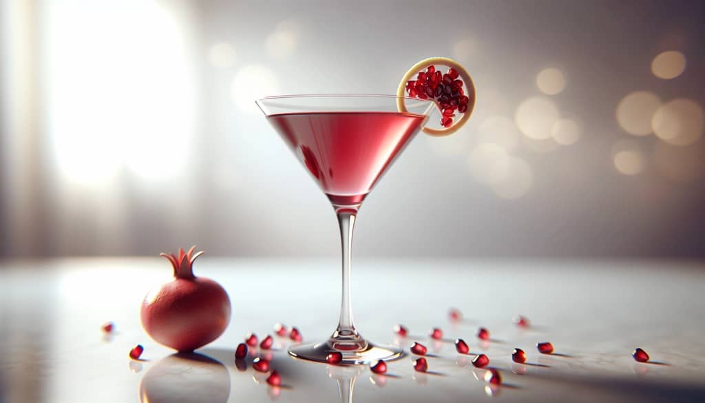 مارتي ني الزنجبيل والرمان في كأس كوكتيل مع بذور الرمان