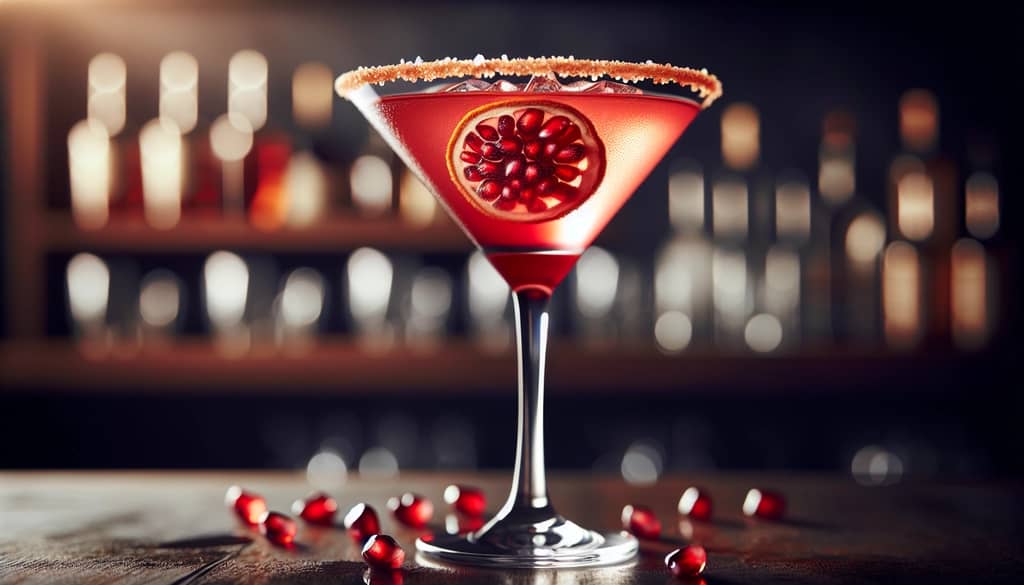 martini glass rimmed with ginger sugar and pomegranate arils