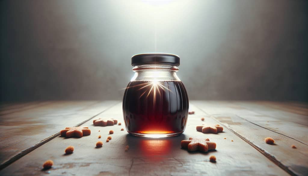 airtight glass jar of gingerbread syrup on wood surface