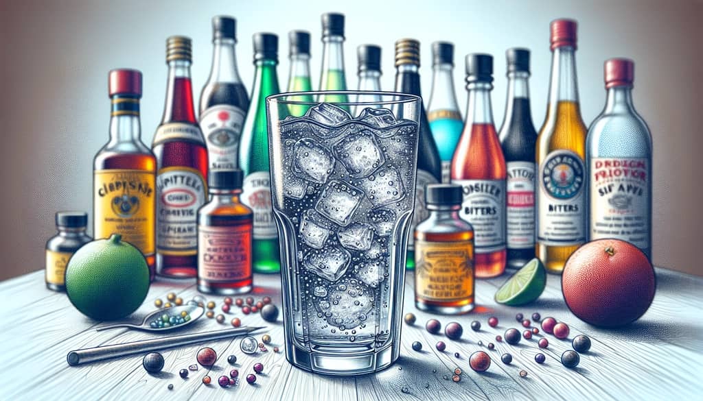 Glass of soda paired with a selection of bitters, highlighting different choices to enhance flavor.