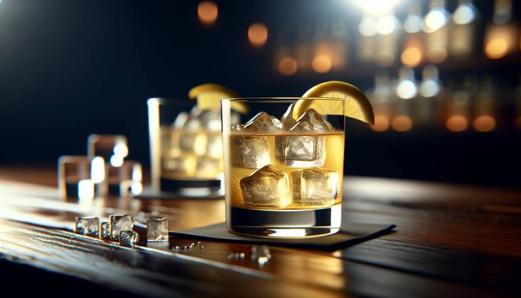 Gold Rush cocktail with lemon twist garnish