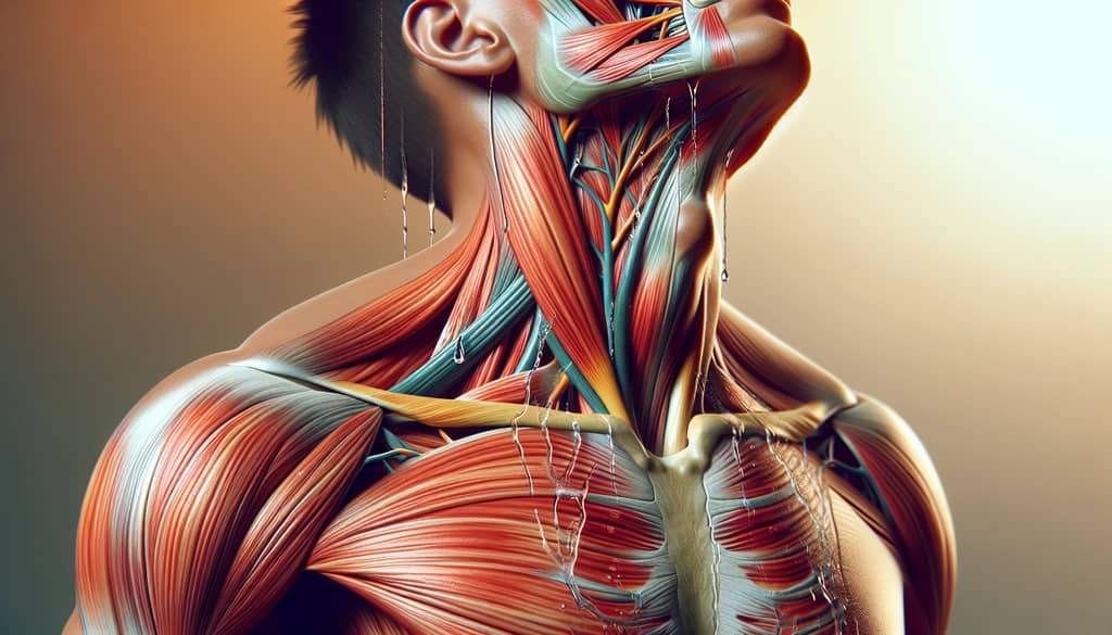 Graphic representation of muscle fatigue and dehydration as causes of Charley Horse in the neck
