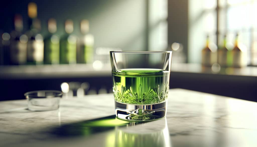 glass of green Chartreuse herbal liqueur on bar