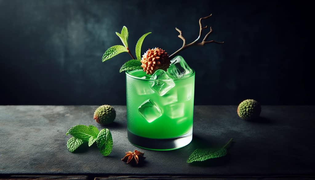 green halloween mocktail with mint garnish in a glass