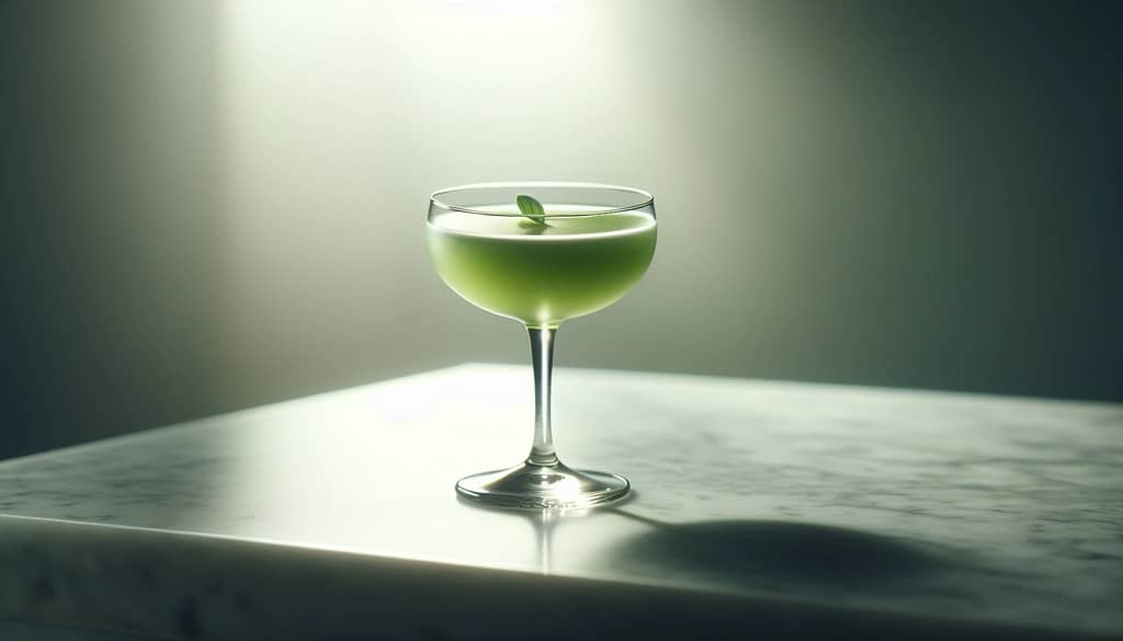 green herbal cocktail in a coupe glass