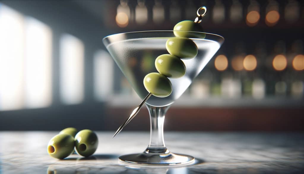 quả ô liu xanh trên que xiên cocktail với ly martini