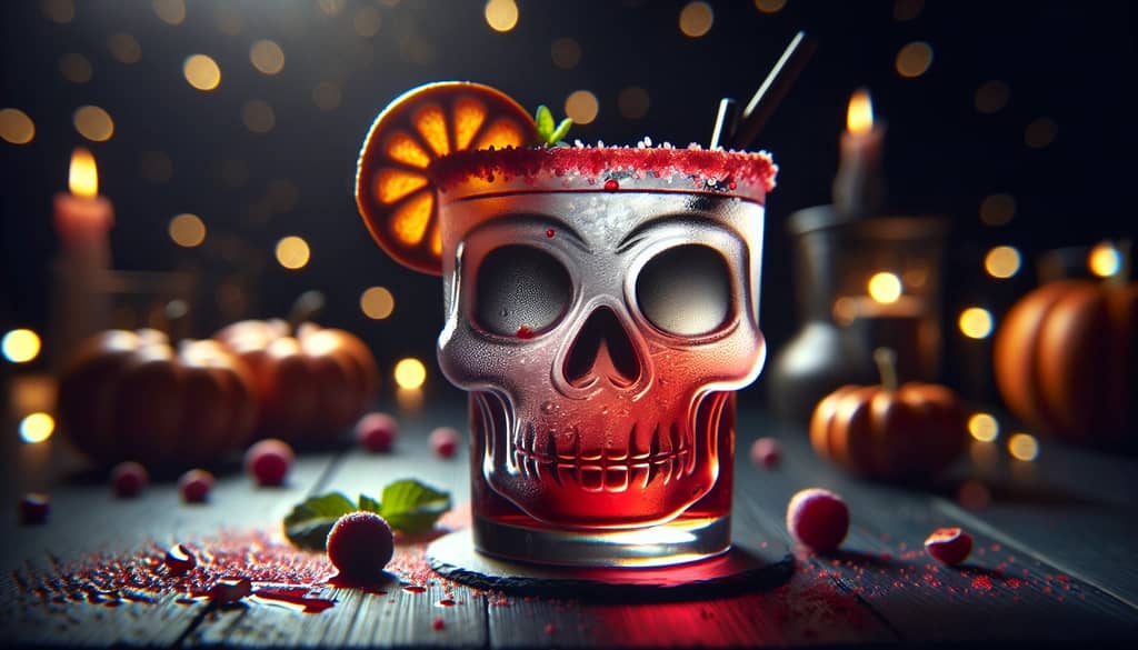 halloween mocktail in skull glass with colored sugar rim and fruit garnish