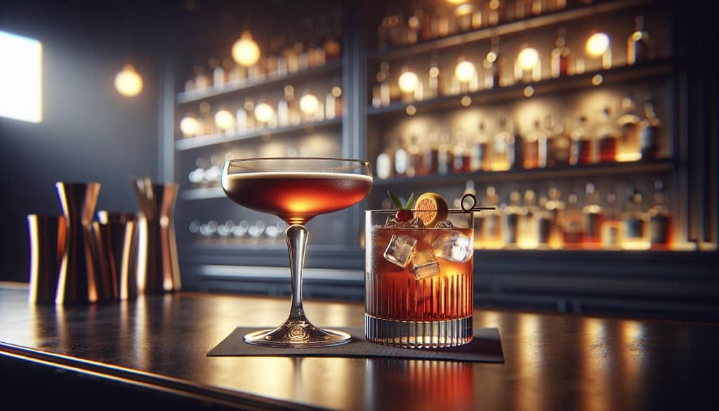 hanky panky and negroni cocktails side by side on bar surface